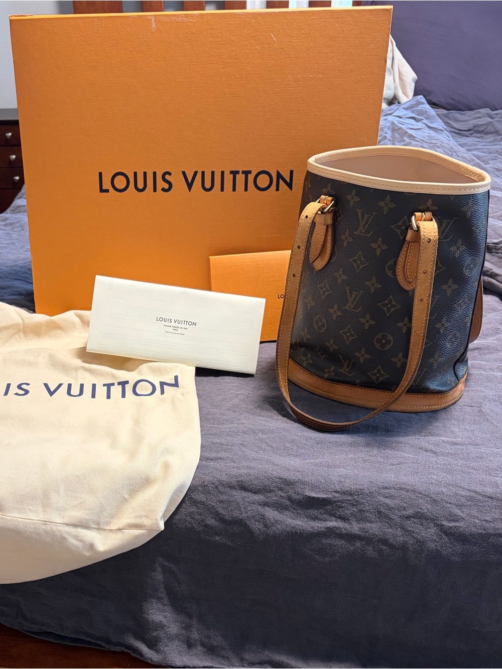 Louis Vuitton Monogram Bucket Bag with Tan Leather Trim